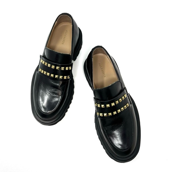 Allsaints Lola Studded Apron Toe Loafers Women's Size 6 Black Leather Gold Stud - Picture 2 of 14